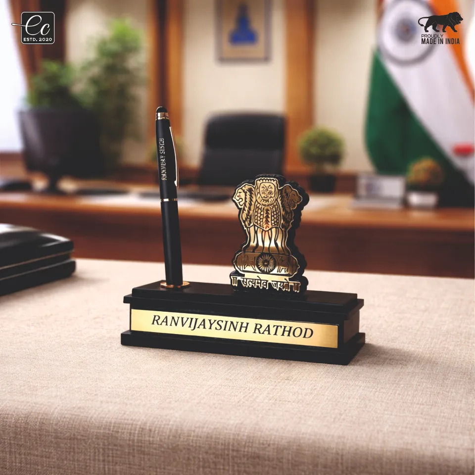 Premium Ashoka Emblem Theme Desk Organizer with Name & Pen Holder – Personalized